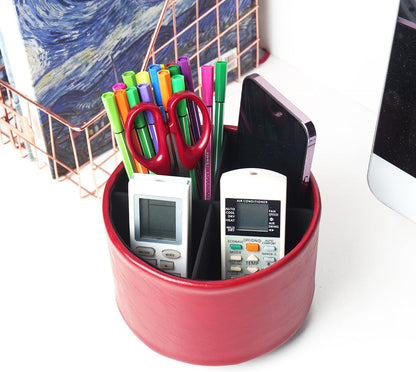 Round Leather Art Supply Organizer,Remote Control Holder,360 Degree Rotating,Multi-Functional Pencil Holder,4 Compartments Desktop Stationary Organizer(1-Fractal Flower) | Round - Colors C