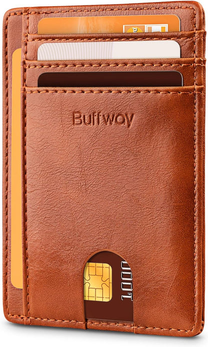 Buffway Slim Minimalist Front Pocket RFID Blocking Leather Wallets for Men and Women - Carbon Fiber Black - Colors A