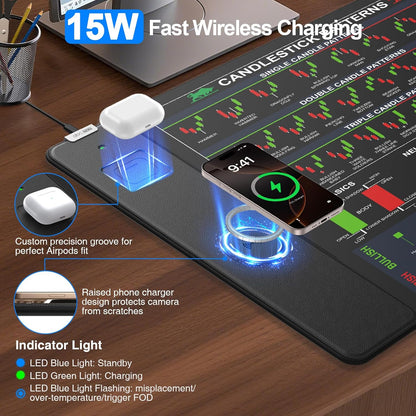 Wireless Charging Mouse Pad with Foldable Phone Holder, 31.5"x15.8" Large Desk Mat for Laptop/Keyboard, Waterproof Ultra-Smooth Surface, Non-Slip Base, Black
