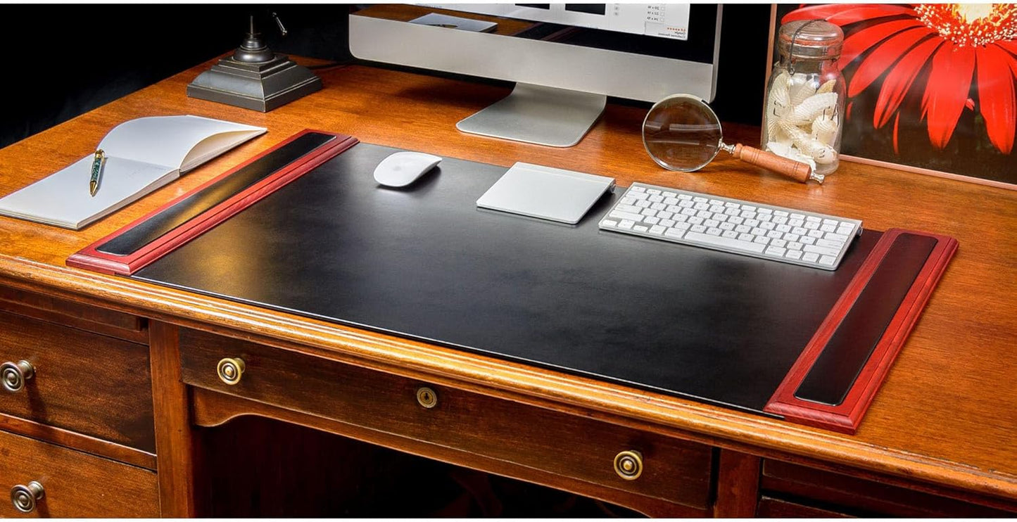 DACASSO Wood & Leather Desk Pad with Side Rails - Luxury Leather Desk Blotter for Writing - Padded Executive Desk Surface Protector - (Walnut & Black, 34” x 20”)