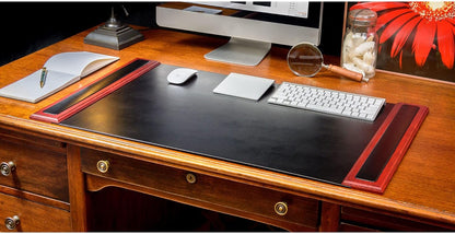 DACASSO Wood & Leather Desk Pad with Side Rails - Luxury Leather Desk Blotter for Writing - Padded Executive Desk Surface Protector - (Walnut & Black, 34” x 20”)