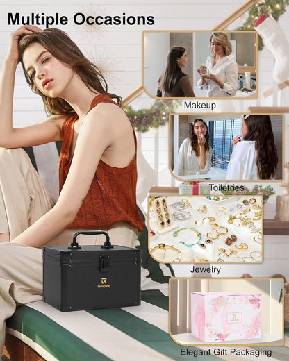 Relavel Travel Makeup Bag With LED Mirror, Cosmetic Train Case with Light up Mirror, Portable Makeup Artist Organizer Bag with Adjustable Dividers, Makeup Brush Holder Storage, Black