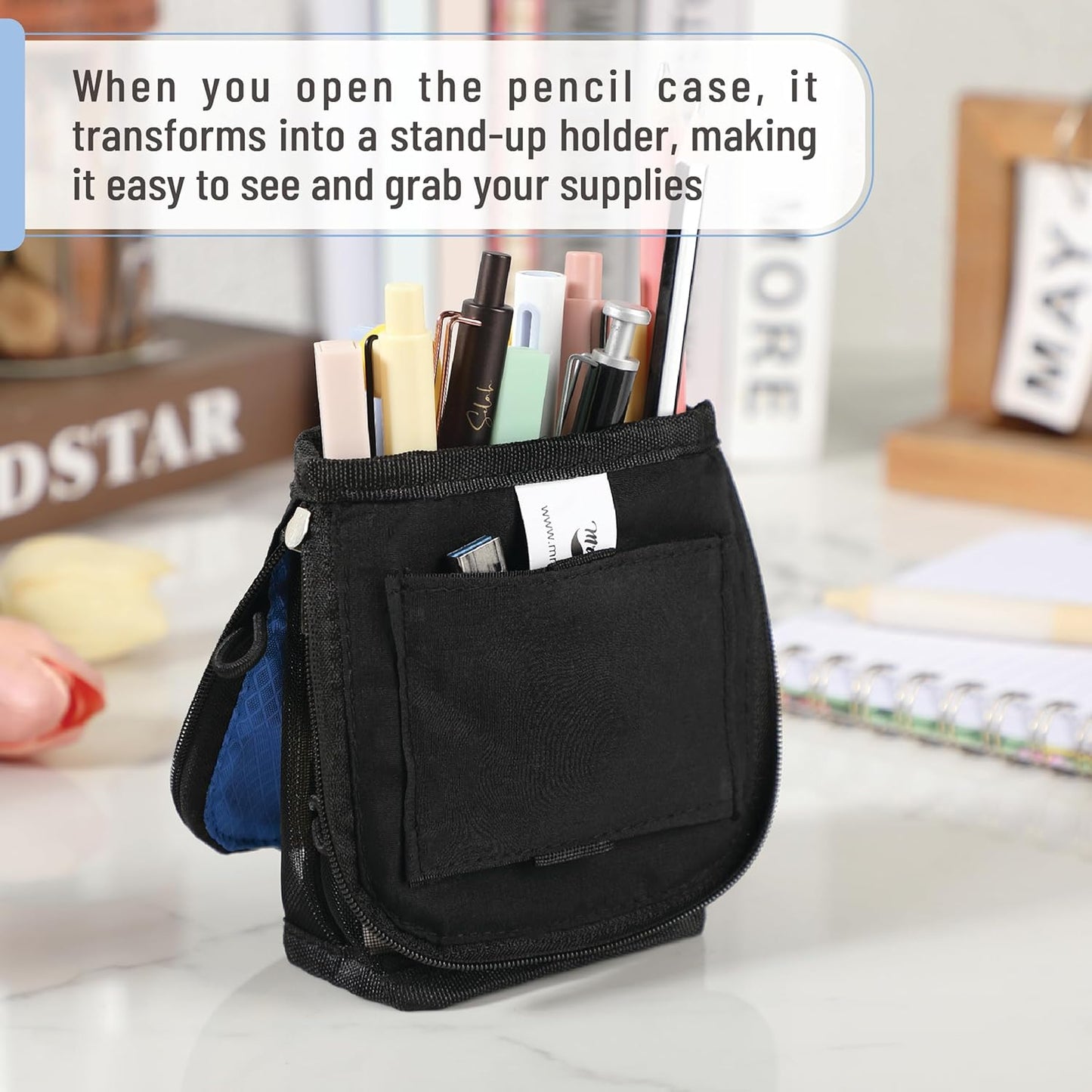 Mr. Pen- Standing Pencil Case Pouch, Sit & Lay Mesh-View Design, Black & Gray, Interior Pocket & 2 Elastic Binder Loops, Cute Pencil Case for Girls and Boys