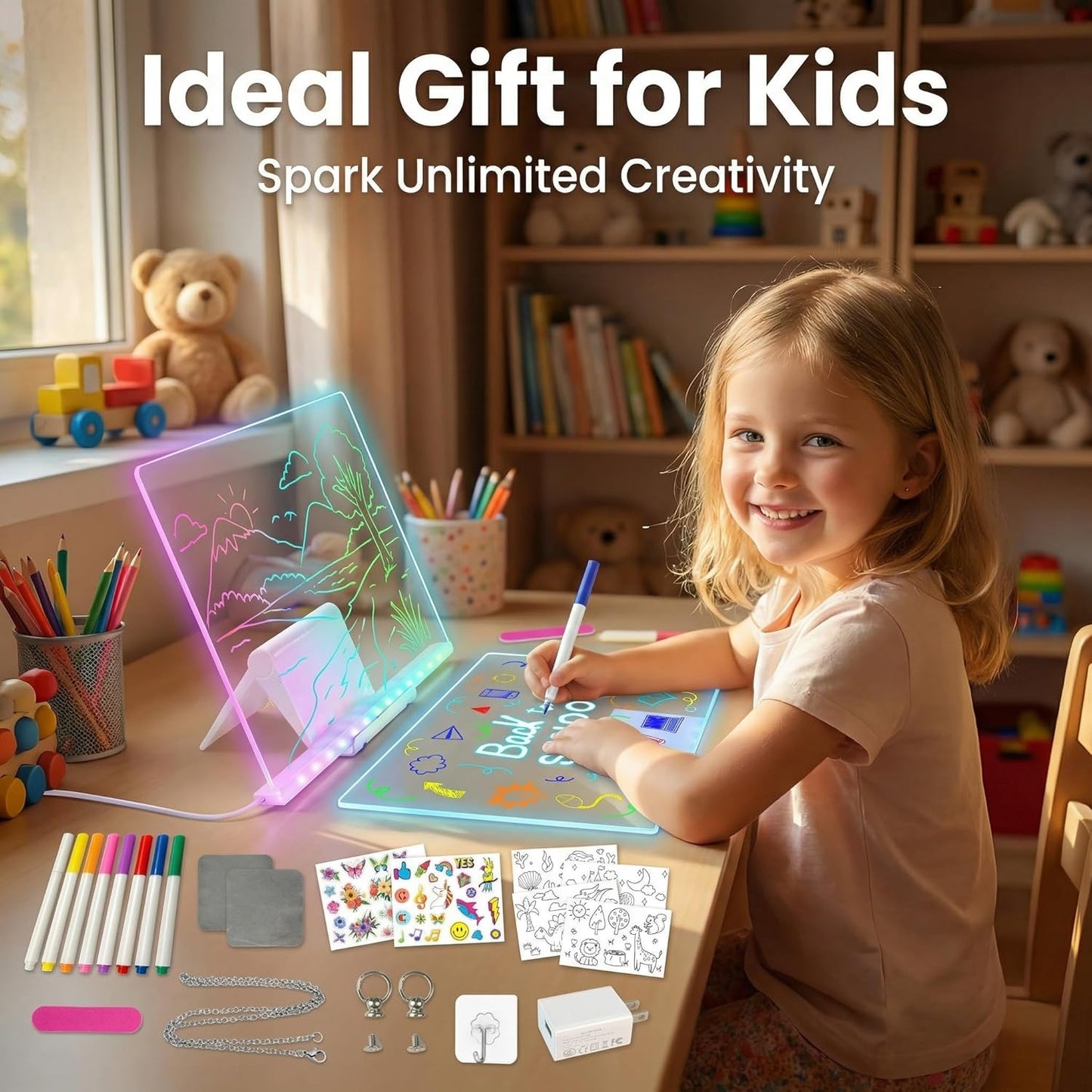 LED Drawing Board, 13.8"X10", Acrylic Note Board with Colors, Include Adapter, Acrylic Dry Erase Pad with Light 4 Modes & 7 Colors, 8 Markers, Stand, Hanging Chain, 2 Gel Clings, Holiday Gift