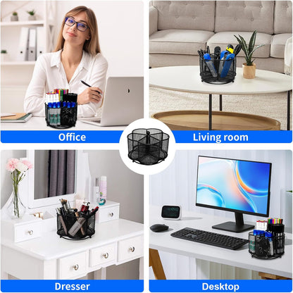 360 Degree Rotate Pen Holder for Desk Mesh Desk Pen Organizer Pencil Holder Large Capacity Accessories & Workspace Organizers for School,Home (Black, No hook)