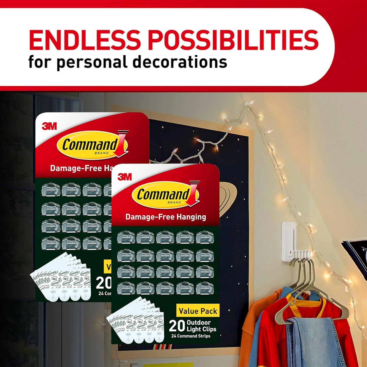 Command Outdoor Light Clips, 20 Clear Clips and 24 Command Strips, Damage-Free Hanging Outdoor Light Clips with Weather Resistant Strips, Wall Clip for Hanging Outdoor Lights and Cable Management