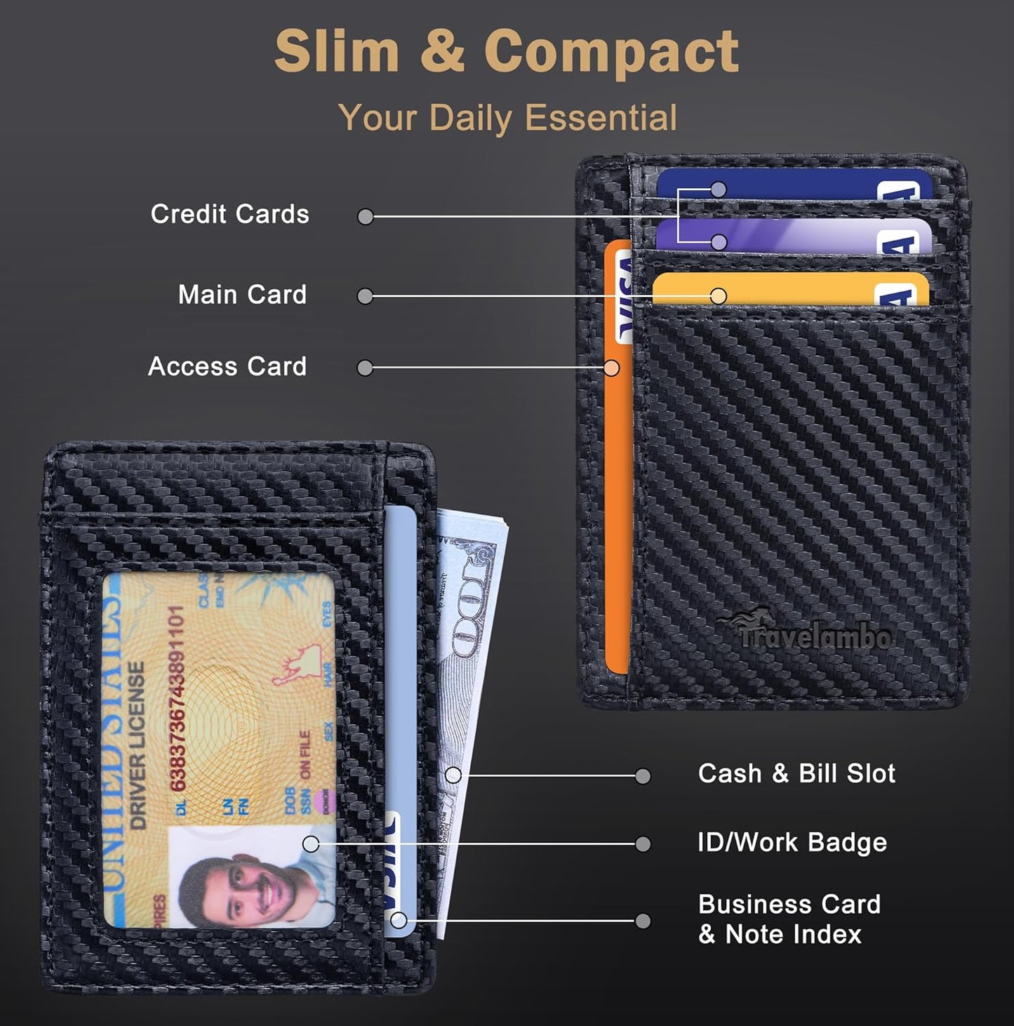 Travelambo Slim Wallet Front Pocket Minimalist Leather RFID Blocking Medium Size