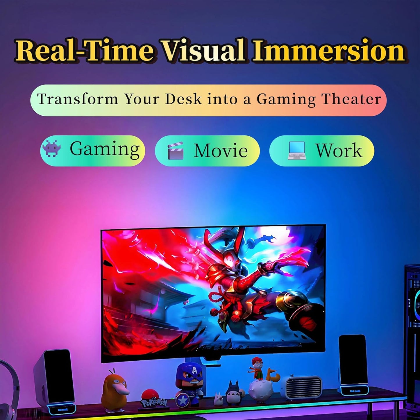 RGB Monitor Backlight with Screen Sync for 32 Inch Screens, Dual USB Powered LED Ambient Lighting Kit, Music Rhythm & Dynamic Modes, Immersive Bias Lighting for Home Office Gaming (4 Sides - 32 inch)