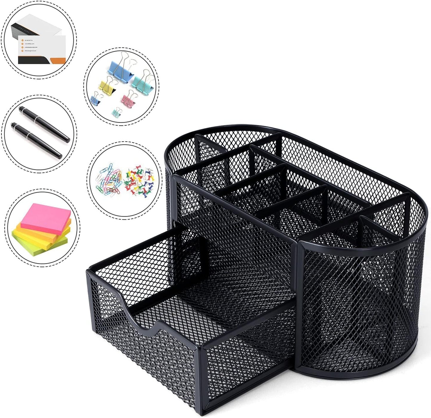 2-Piece Desk Pen & Pencil Organizer - Mesh Metal Pen Cup with Sticky Notes Holder, Black | Pen Cup