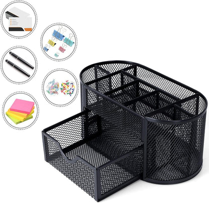 2-Piece Desk Pen & Pencil Organizer - Mesh Metal Pen Cup with Sticky Notes Holder, Black | Pen Cup