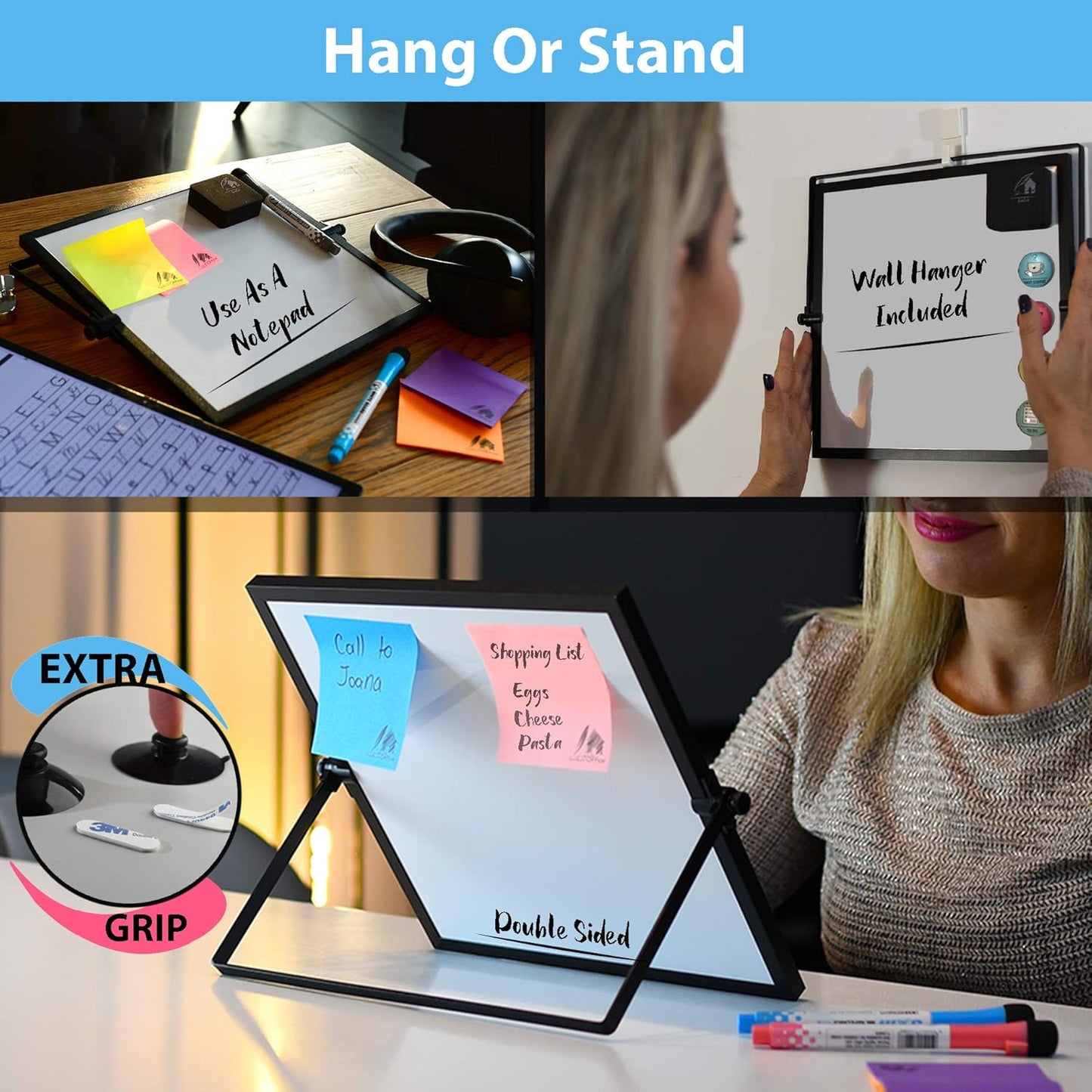 Dry Erase White Board for Desktop & Wall 12"x16" with 2 Magnetic Removable Planners - Weekly & Monthly to Do List Board with Stand, 6 Markers Eraser & Wall Hangers - Portable Double Sided Magnetic