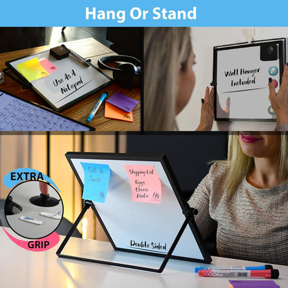 Dry Erase White Board for Desktop & Wall 12"x16" with 2 Magnetic Removable Planners - Weekly & Monthly to Do List Board with Stand, 6 Markers Eraser & Wall Hangers - Portable Double Sided Magnetic