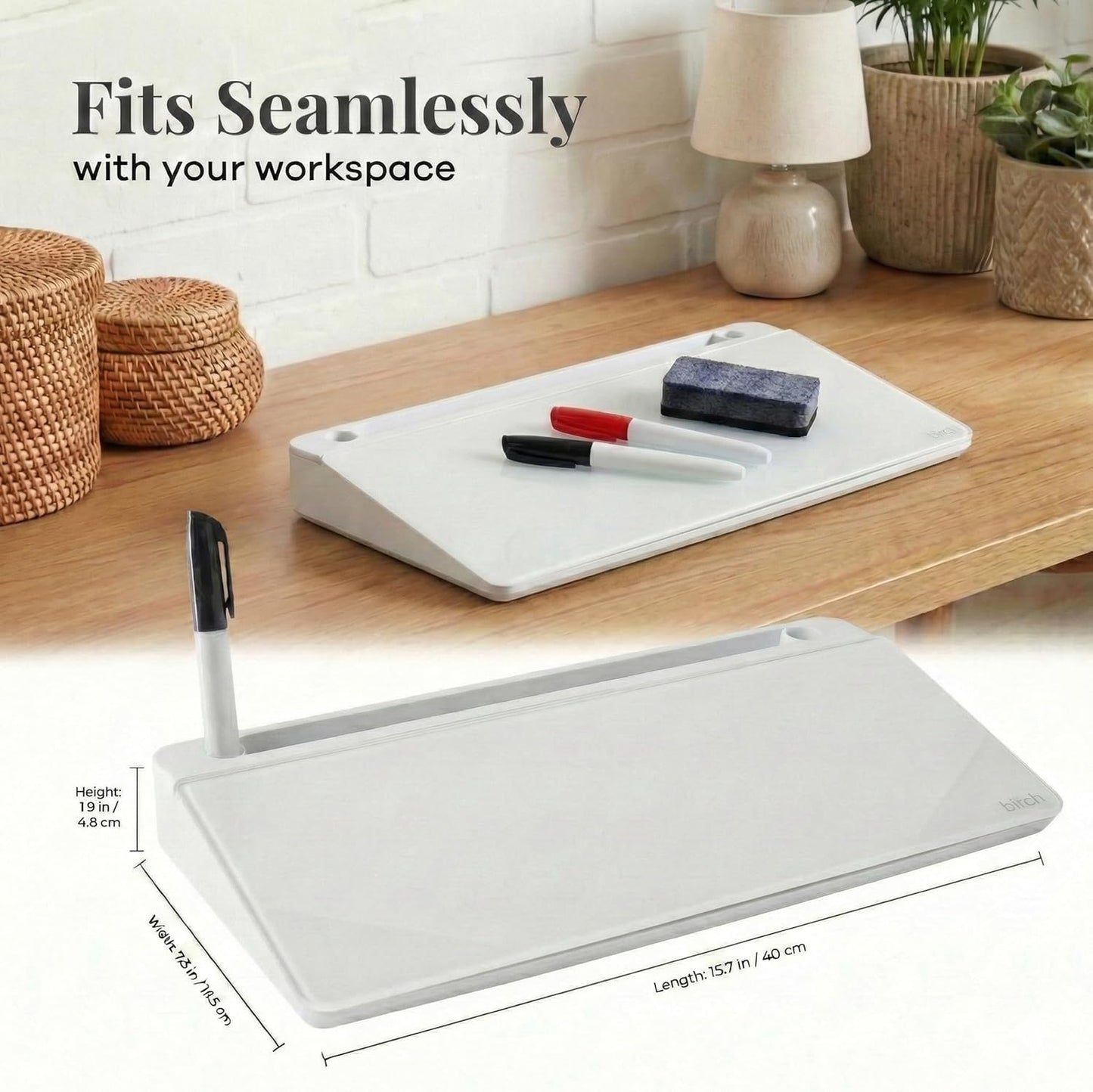 Birch Small Desktop Glass Whiteboard & Magnetic Calendar – Dry Erase Desk Pad Keyboard Stand with Storage, Adjustable Dividers, 3 Markers & Eraser – Office, Home & School (Moss)