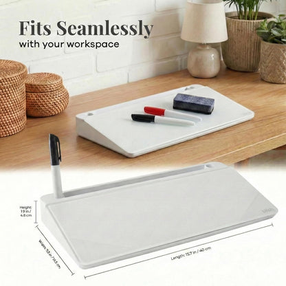 Birch Small Desktop Glass Whiteboard & Magnetic Calendar – Dry Erase Desk Pad Keyboard Stand with Storage, Adjustable Dividers, 3 Markers & Eraser – Office, Home & School (Moss)