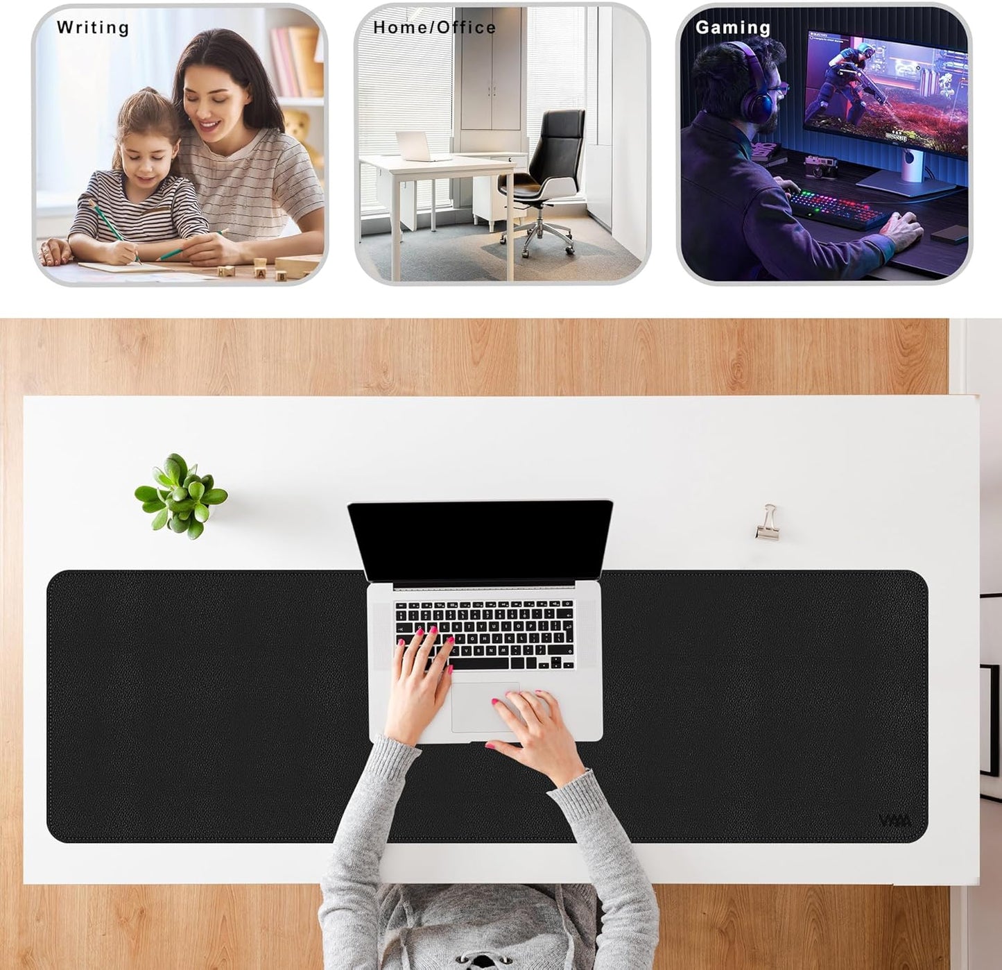 Vyaaa PU Leather & Cork Desk Mat, 39.4"x15.7" Dual Sided Computer Desk mat, Waterproof Large Mouse Pad, Non-Slip Office Desk pad, Office Desk Protector for Work/Gaming/Home (Black)