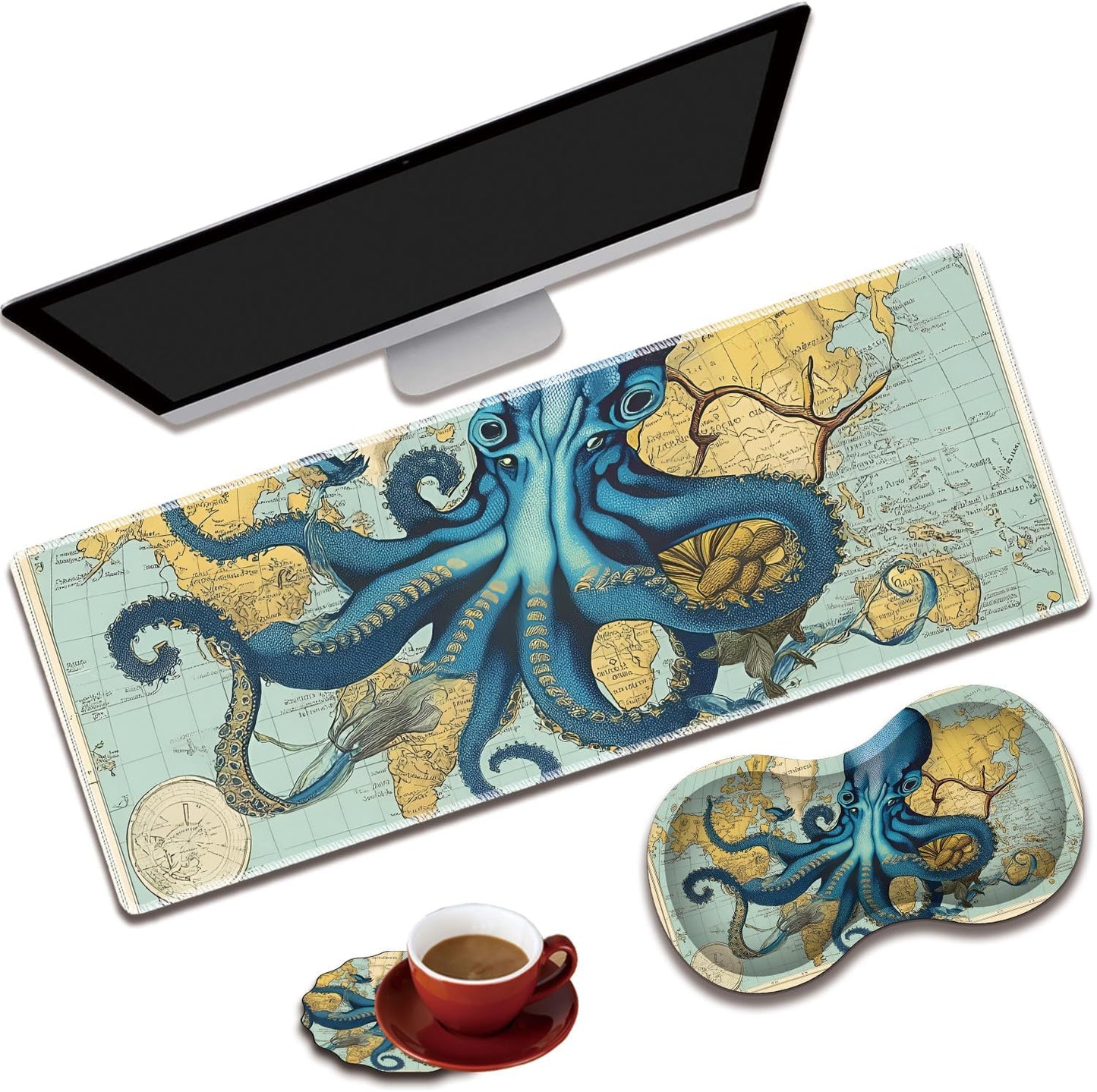 Mouse Wrist Rest and Keyboard Wrist Rest Pad Set, Non-Slip Rubber Base Smooth Surface Ergonomic Gaming Mouse Pad for Easy Typing and Pain Relief, Antique Blue Wood Grain Dog Paw + Coaster