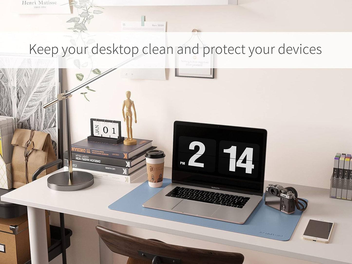 RENMTURE Dual-Sided Mouse Pad, Natural Cork & PU Leather Large Desk Pad for Office and Home Work, Desk Protector Non-Slip, Waterproof, Easy Clean (Olive Green, 32"x16")