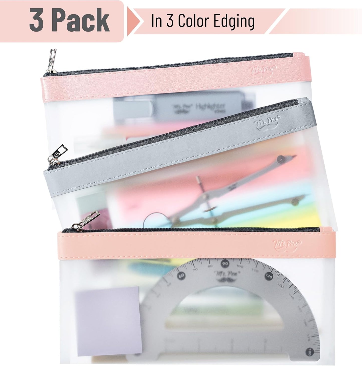 Mr. Pen- Clear Pencil Pouch, 8.50"x4.25", 3 Pack, Durable TPU Material, Medium Water-Resistant Pencil Bags with Smooth Zipper, Multipurpose Clear Pouch for Stationery, School, Office, Travel Supplies