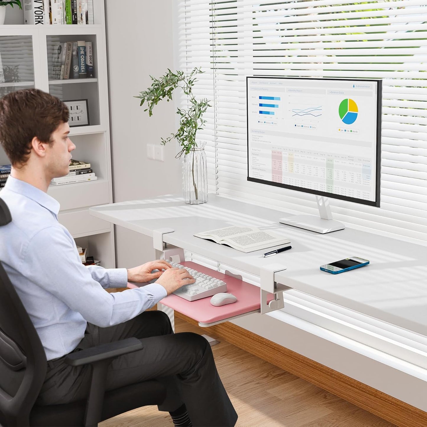 BONTEC KMT01 Under Desk Keyboard Tray, Pull-Out Keyboard & Mouse Platform with C-Clamp, 25.6 x 11.8 in Space-Saving Ergonomic Slide-Out Drawer, White