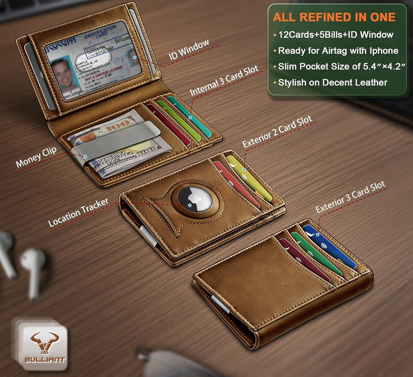 BULLIANT Men Airtag Wallet,Slim Wallet Money Clip Card Holder Magnetic Closure 12 Cards in Front Pocket RFID Blocking