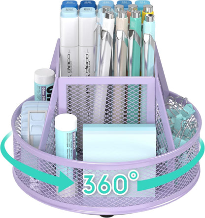 YINGHUA Metal Mesh Desk Organizer with 5 Compartments and Rotating Pencil Holder Pen and Stationery Organizer for Office Home School Anti Slip Base Black