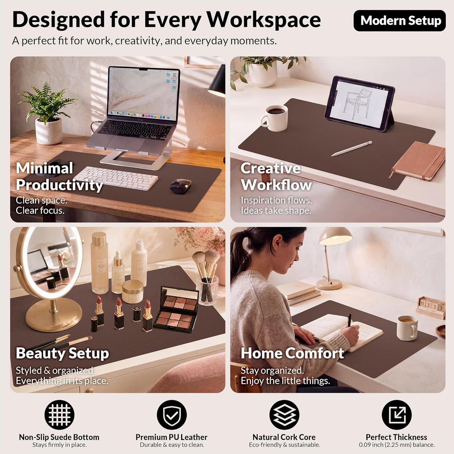AFIING Large Desk Mat 47" x 17", Dual-Sided Natural Cork & PU Leather Desk Pad, Non-Slip Waterproof Mouse Pad for Office, Home & Gaming, Black