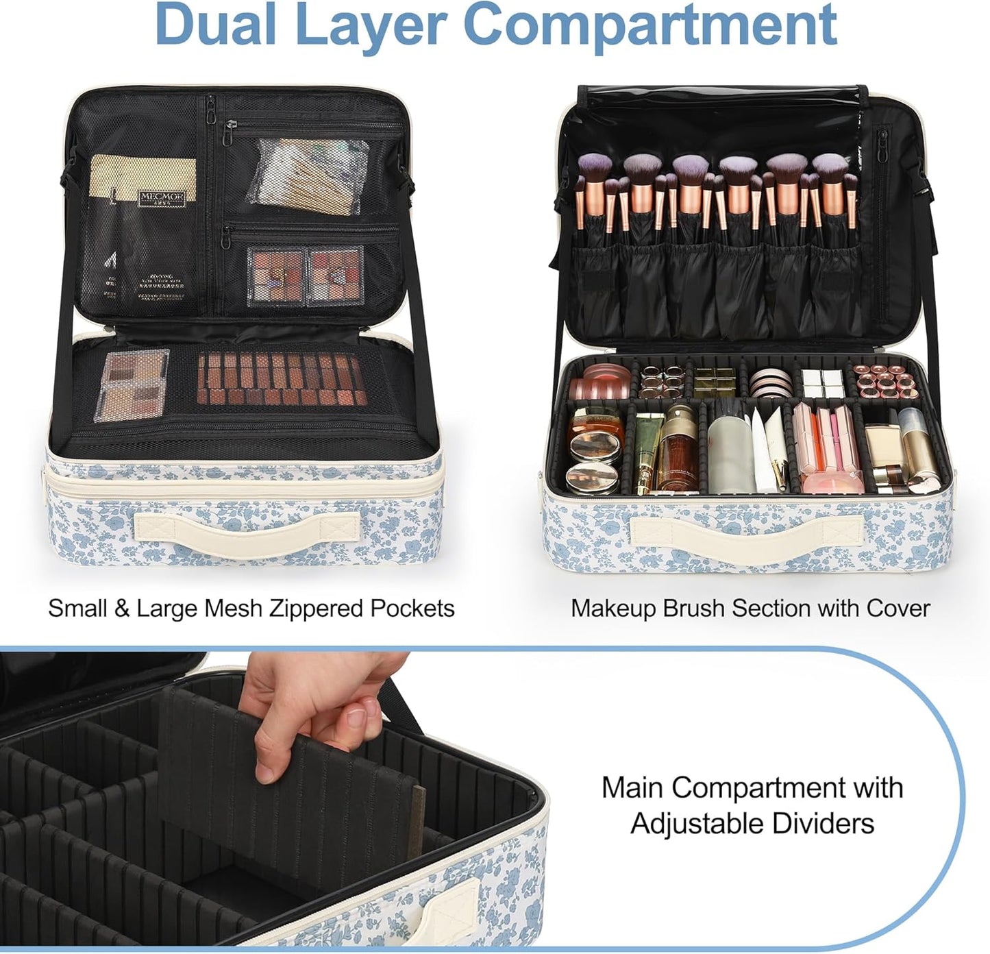 Relavel Makeup Case Large Makeup Bag Professional Train Case 16.5 inches Travel Cosmetic Organizer Brush Holder Waterproof Makeup Artist Storage Box, 3 Layer Large Capacity, with Adjustable Strap