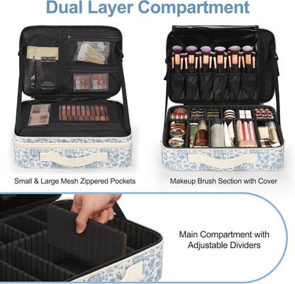 Relavel Makeup Case Large Makeup Bag Professional Train Case 16.5 inches Travel Cosmetic Organizer Brush Holder Waterproof Makeup Artist Storage Box, 3 Layer Large Capacity, with Adjustable Strap