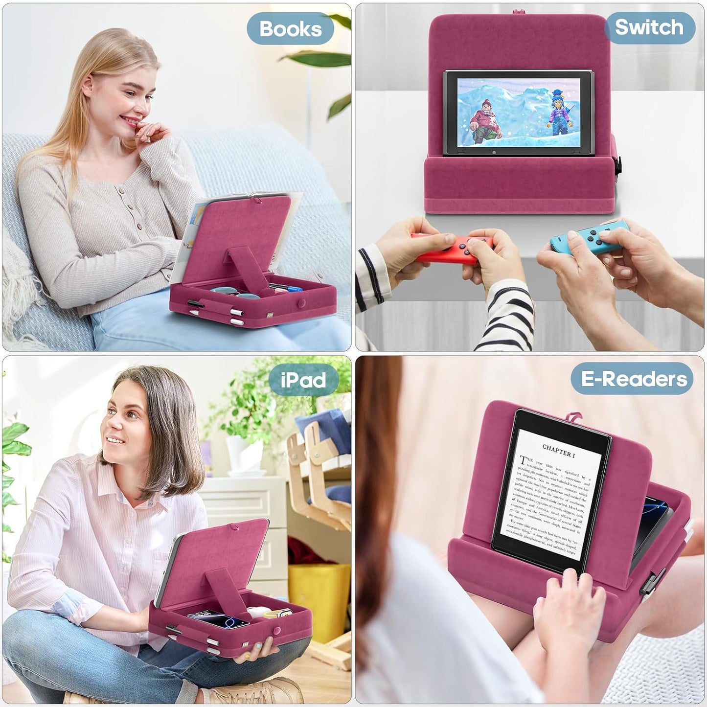 KDD Tablet Pillow Stand with Storage, Foldable iPad Holder for Bed, Lap and Desk, Angle Adjustable Soft Pad Dock with Stylus Mount Compatible with Ipad Pro 12.9, 10.5, 11, Air, Mini, Phones, Books