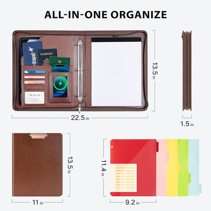Ospelelf Zippered Padfolio Organizer, Faux Leather 3 Ring Binder with Clipboard, Letter Size Business Portfolio with Notepad, Tablet Sleeve & Phone Pockets for Office Work Brown