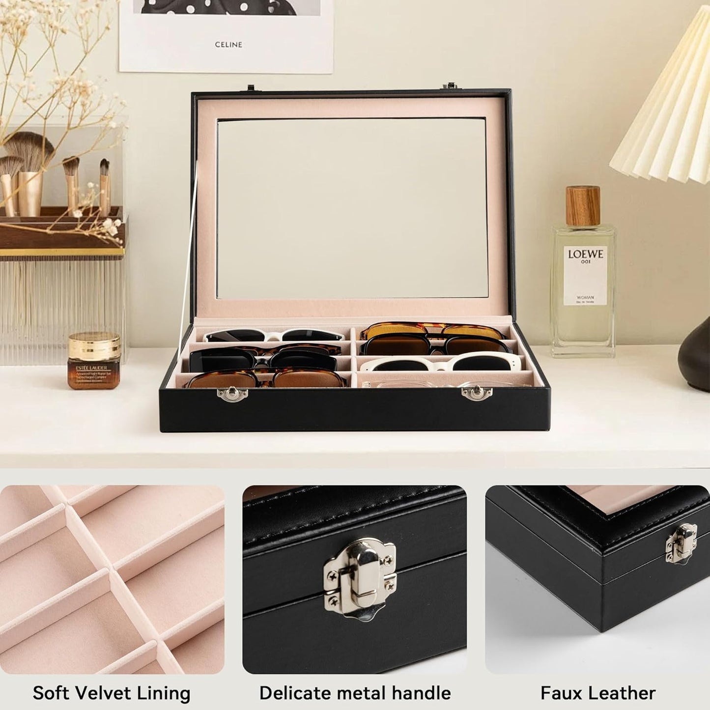 Frebeauty Sunglass Organizer,PU Leather Glasses Organizer,8-Slot Sunglasses Tray,Men's/Women's Sunglasses Box,Sunglass Case,13.3 x 9.6 x 1.5 Inches,Eyeglass/Eyewear Display Tray(Grey)