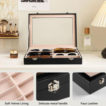 Frebeauty Sunglass Organizer,PU Leather Glasses Organizer,8-Slot Sunglasses Tray,Men's/Women's Sunglasses Box,Sunglass Case,13.3 x 9.6 x 1.5 Inches,Eyeglass/Eyewear Display Tray(Grey)
