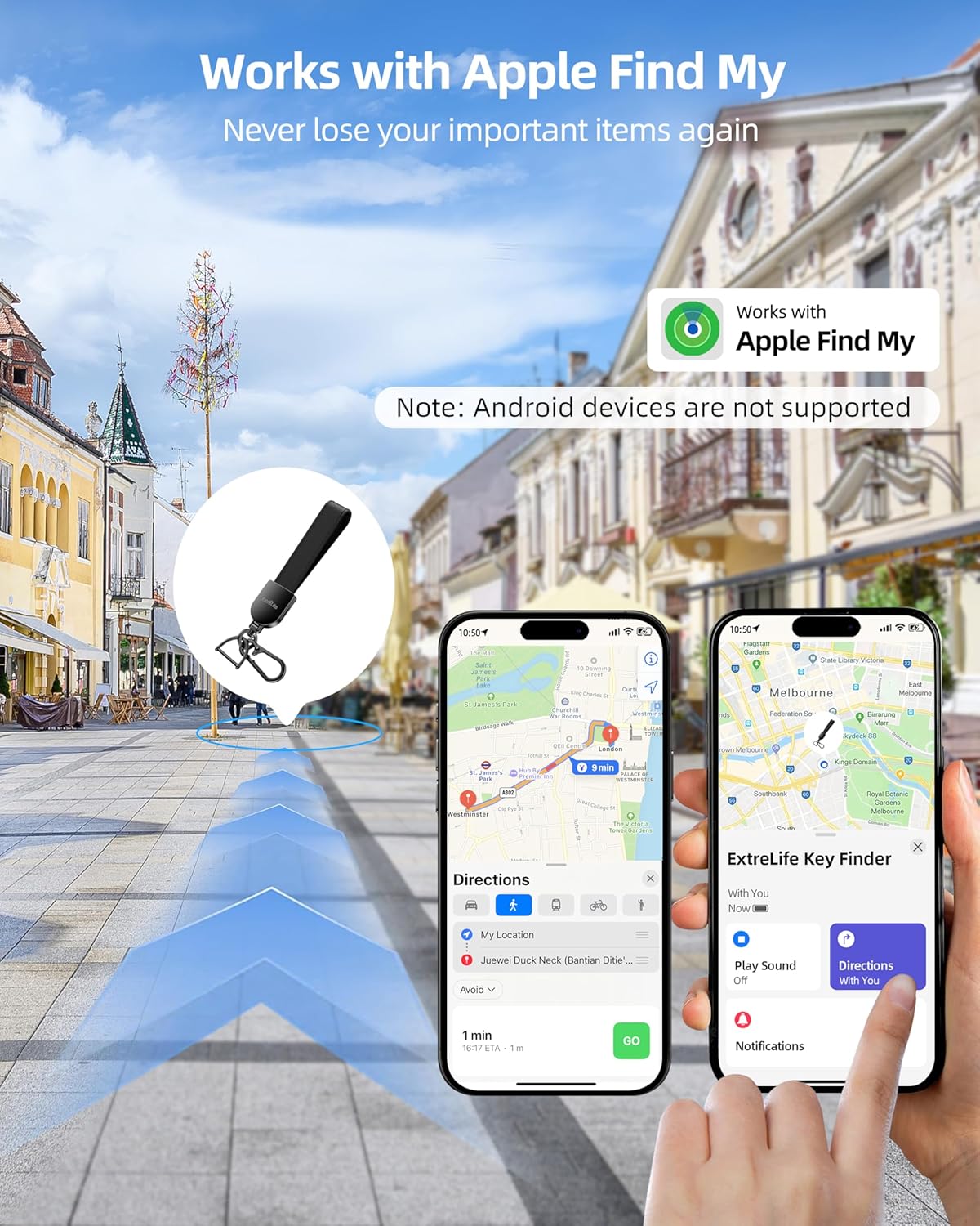 Keychain, Works with Apple Find My, Leather Car Keychain for Women and Men, Car Key Fob Holder, Key Chain with GPS Tracker, Anti-Lost Smart Keys Finder, Rechargeable, Black