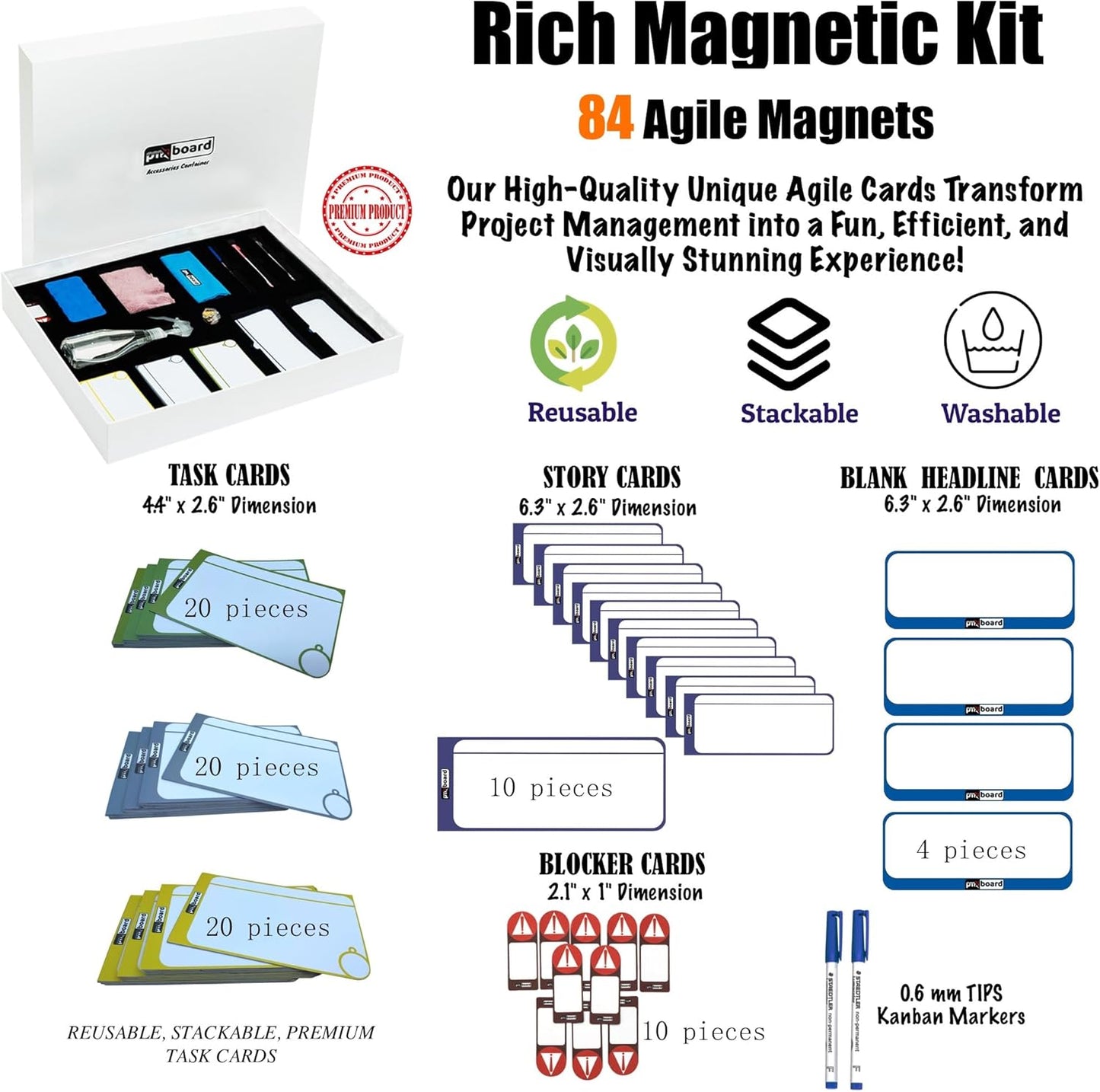 Full Magnetic Agile Board Kit (42" 23") Kanban & Scrum Dry Erase Project Management Board with 84 Magnetic Cards, Easel Stand & Accessories