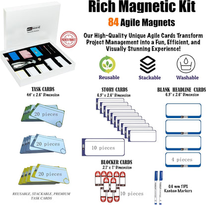 Full Magnetic Agile Board Kit (42" 23") Kanban & Scrum Dry Erase Project Management Board with 84 Magnetic Cards, Easel Stand & Accessories