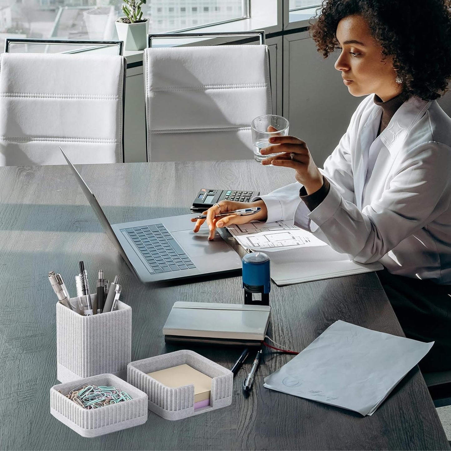 Aesthetic Desk Organizers and Accessories Set of 3 with Pen Holder,Paperclip Holder,Sticky Note Holder - Durable Plastic Pencil Holder for Office Women Men-Teacher Appreciation/Back-to-school Gift
