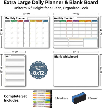 Magnetic Calendar for Refrigerator (3-Pack, Ships Flat) - 17"x12" Monthly, Weekly & Daily Planner with Lined Grids - Nano-Tech Dry Erase Board Fridge Whiteboard, 8 Markers & Eraser
