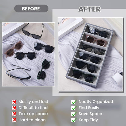 Juexica 2 Pcs Velvet Sunglasses Organizer Tray 6 Grid Sunglass Organizer Velvet Tray Stackable Glasses Display Case for Women Glasses Jewelry Display Watch (Beige)