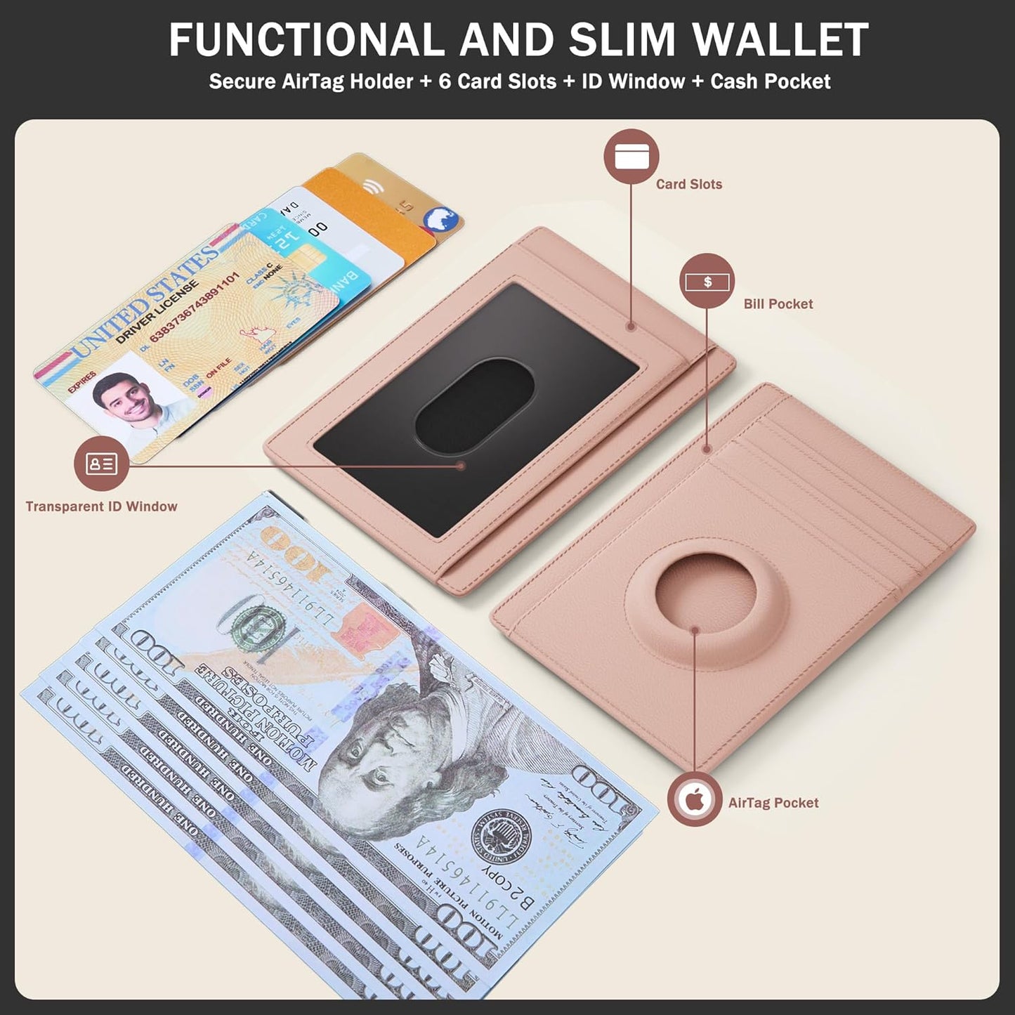 Wallet with Airtag Holder Genuine Leather Wallets Slim Minimalist Card Holder RFID Blocking Card Wallet Compatible with AirTag