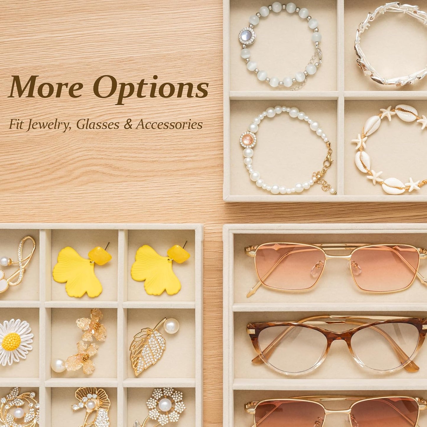 pickpiff Drawer Sunglass Organizer & Display Tray: 1 Pcs 8 Grids Velvet Scratch-Free Eyeglasses Case (13.8x9.4x1.6inch) - Soft Beige Glasses Storage Holder Box for Men & Women