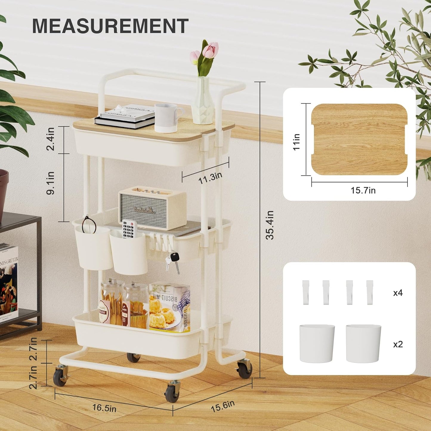 DTK 3 Tier Metal Utility Rolling Cart with Table Top and Side Bags, Tray Storage Organizer Wheels, Art Craft 4 Hooks for Kitchen Bathroom Office Living Room (Black)