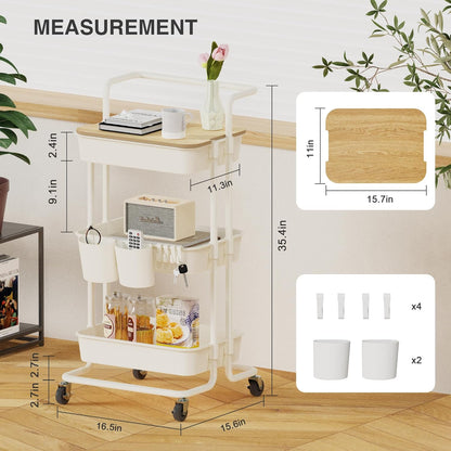 DTK 3 Tier Metal Utility Rolling Cart with Table Top and Side Bags, Tray Storage Organizer Wheels, Art Craft 4 Hooks for Kitchen Bathroom Office Living Room (Black)