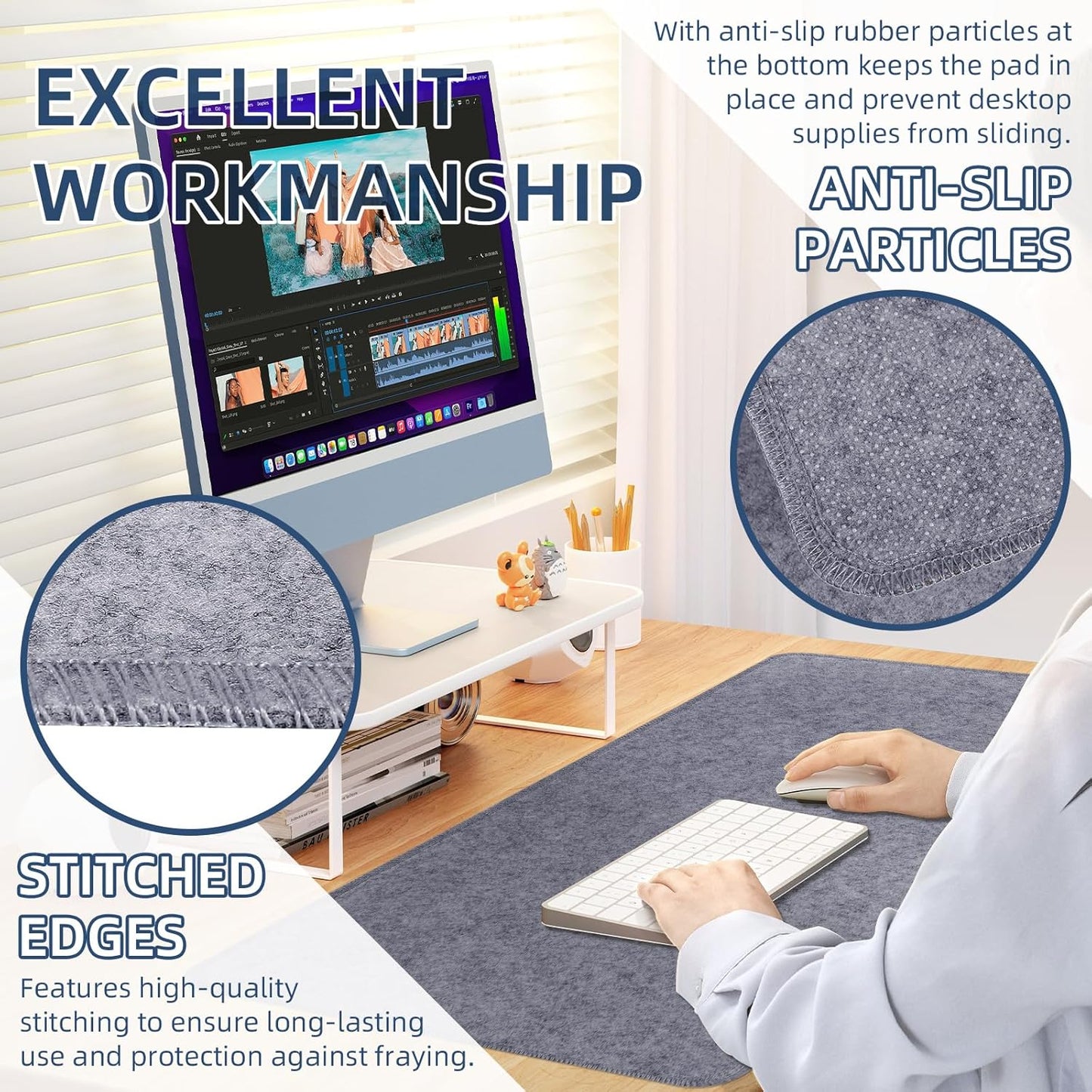 Large Felt Desk Protective Pad, 100X40cm/40''X16''Non-Slip Felt Desk Mat Extended Gaming Mouse Pad Large Desk Pad Protector for Keyboard, Computer, Mouse, Laptop (Dark Grey)