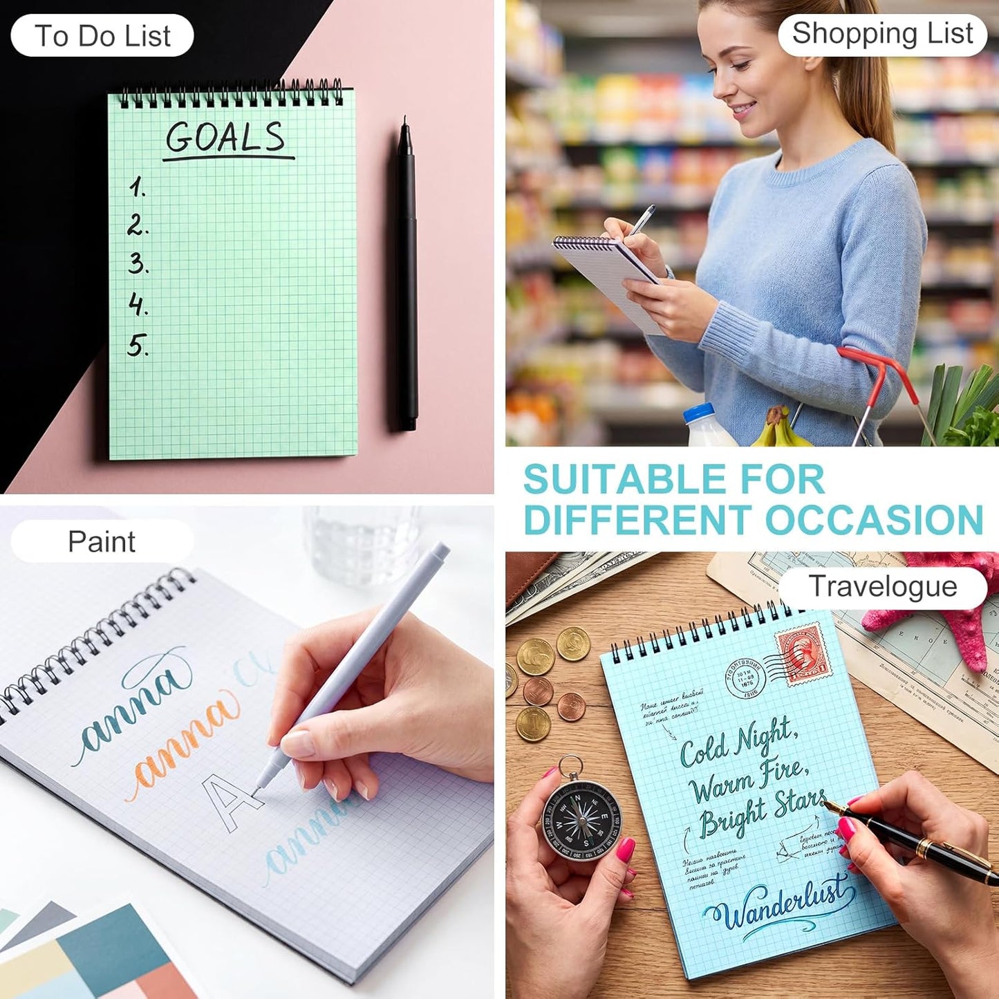 Engrowtic 6 Pack Graph Paper Spiral Notepad A5 Top Wirebound Notepad Grid Notebook Steno Pad Memo Notebook Grid Paper 140 Pages for Writing Sketching Drawing Office Supply (Black)