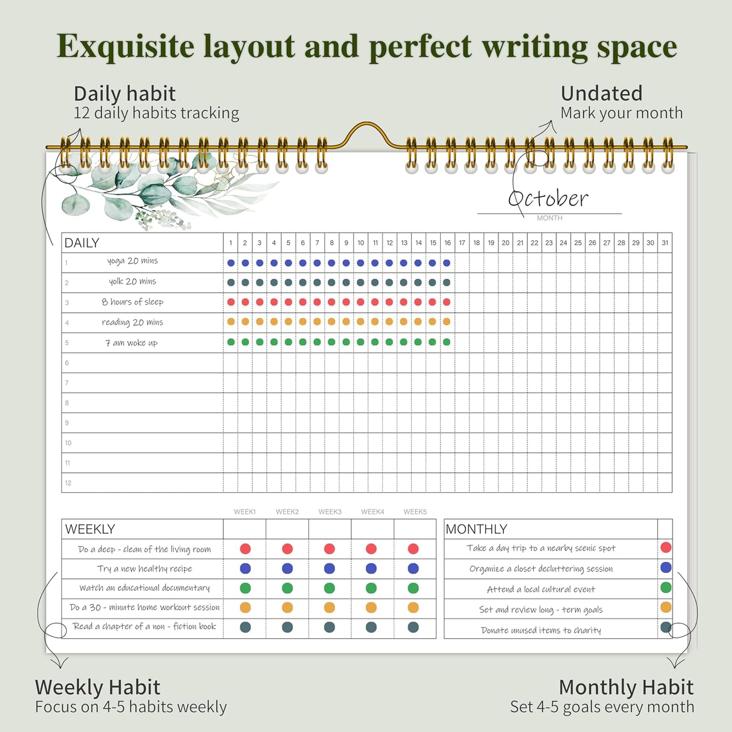Habit Tracker Calendar，12 Monthly Habit Tracker Journal with Spiral Binding,Undated Weekly Monthly Planner to Boost Productivity&Self Improvement, 8"x10"（Green)