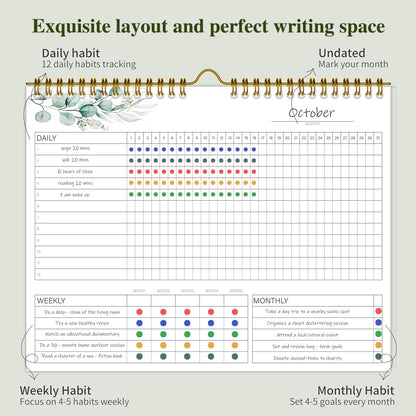 Habit Tracker Calendar，12 Monthly Habit Tracker Journal with Spiral Binding,Undated Weekly Monthly Planner to Boost Productivity&Self Improvement, 8"x10"（Green)