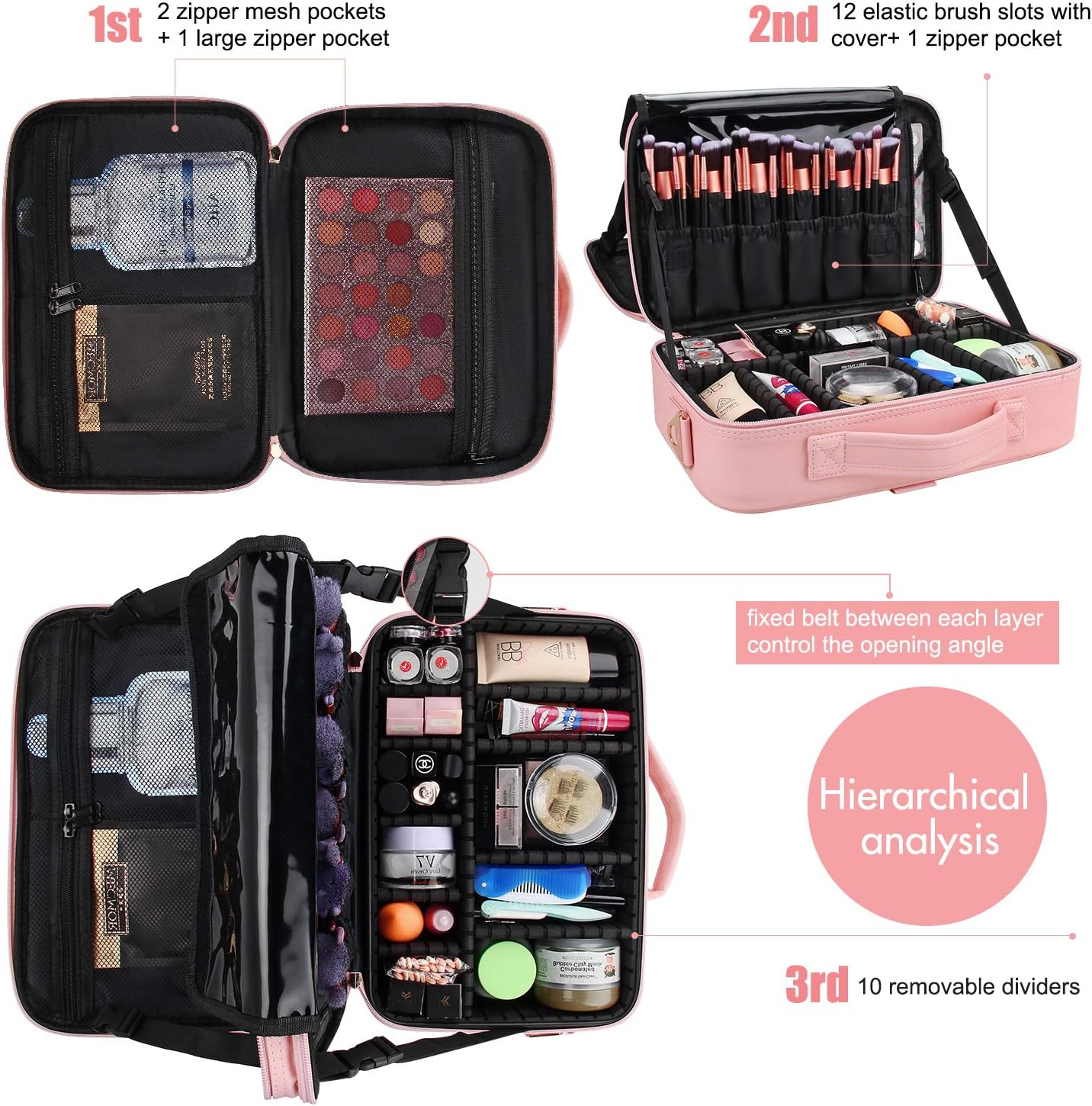 Relavel Makeup Case Large Makeup Bag Professional Train Case 16.5 inches Travel Cosmetic Organizer Brush Holder Waterproof Makeup Artist Storage Box, 3 Layer Large Capacity, with Adjustable Strap
