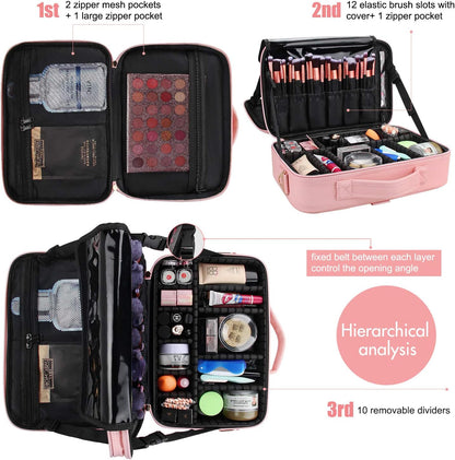 Relavel Makeup Case Large Makeup Bag Professional Train Case 16.5 inches Travel Cosmetic Organizer Brush Holder Waterproof Makeup Artist Storage Box, 3 Layer Large Capacity, with Adjustable Strap