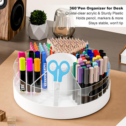 CraftGenes Rotating Pencil Organizer for Desk, 360 Smooth Spinning Marker Organizer, Clear Acrylic Pen Holder, Art Supply Storage & Lazy Susan Desktop Caddy for Kids, School, Office & Craft Room