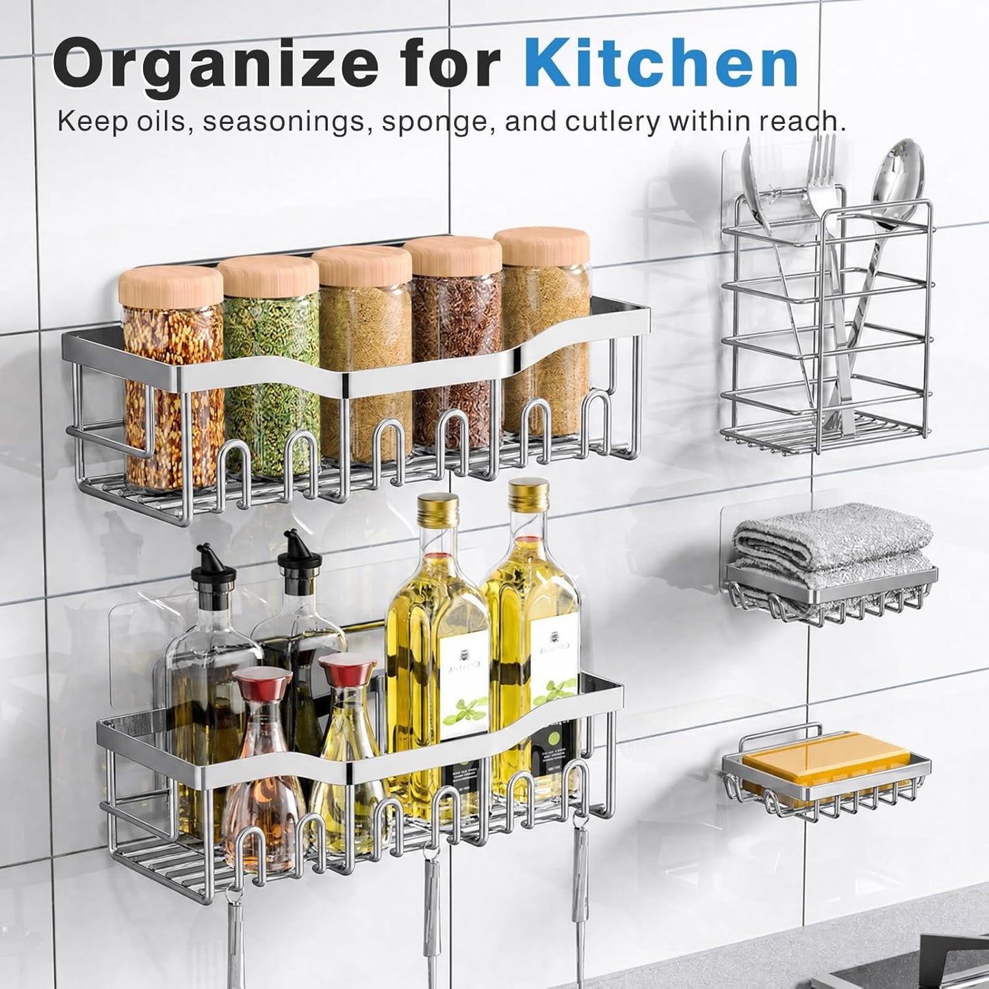 EUDELE Adhesive Shower Caddy, 5 Pack Rustproof Stainless Steel Bath Organizers With Large Capacity, No Drilling Shelves for Bathroom Storage & Home Decor